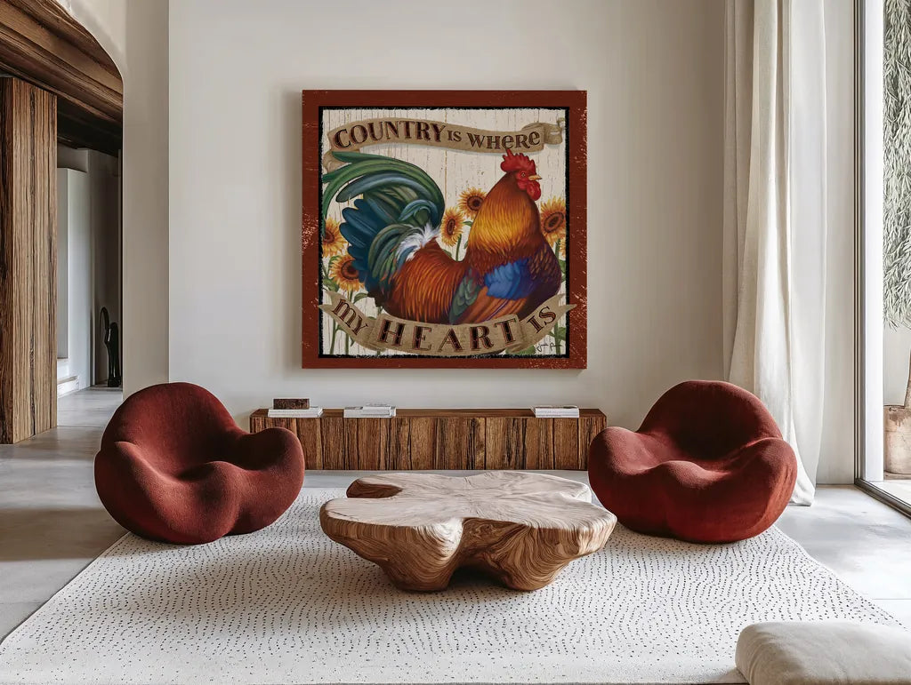 Country Heart I by Janelle Penner. Shown as extra-large giant wall art in a modern living room. Available as an archival giclee rolled canvas, fine art paper, or poster print. SKU 21384a.