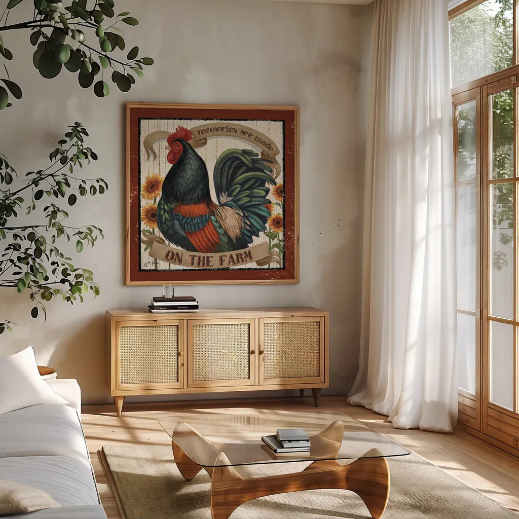 Country Heart II by Janelle Penner. Shown in a natural wood frame in a cozy modern living room. Available as an archival giclee rolled canvas, fine art paper, or poster print. SKU 21385a.