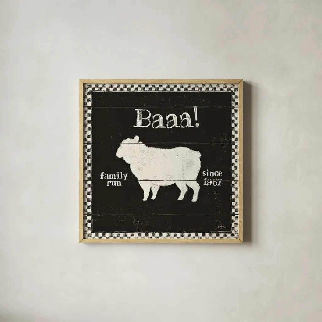 Country Thoughts VII Black by Janelle Penner. Shown in a natural wood glass frame for a timeless modern aesthetic. Available as an archival giclee rolled canvas, fine art paper, or poster print. SKU 37935a.