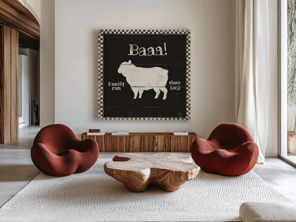 Country Thoughts VII Black by Janelle Penner. Shown as extra-large giant wall art in a modern living room. Available as an archival giclee rolled canvas, fine art paper, or poster print. SKU 37935a.