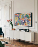Cyprus I by Janelle Penner. shown as a framed stretched canvas in a living room above a console. Available as a archival giclee rolled canvas, fine art paper, or poster print. SKU 79726i.