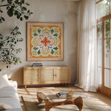 Cyprus VI by Janelle Penner. Shown in a natural wood frame in a cozy modern living room. Available as an archival giclee rolled canvas, fine art paper, or poster print. SKU 79731a.