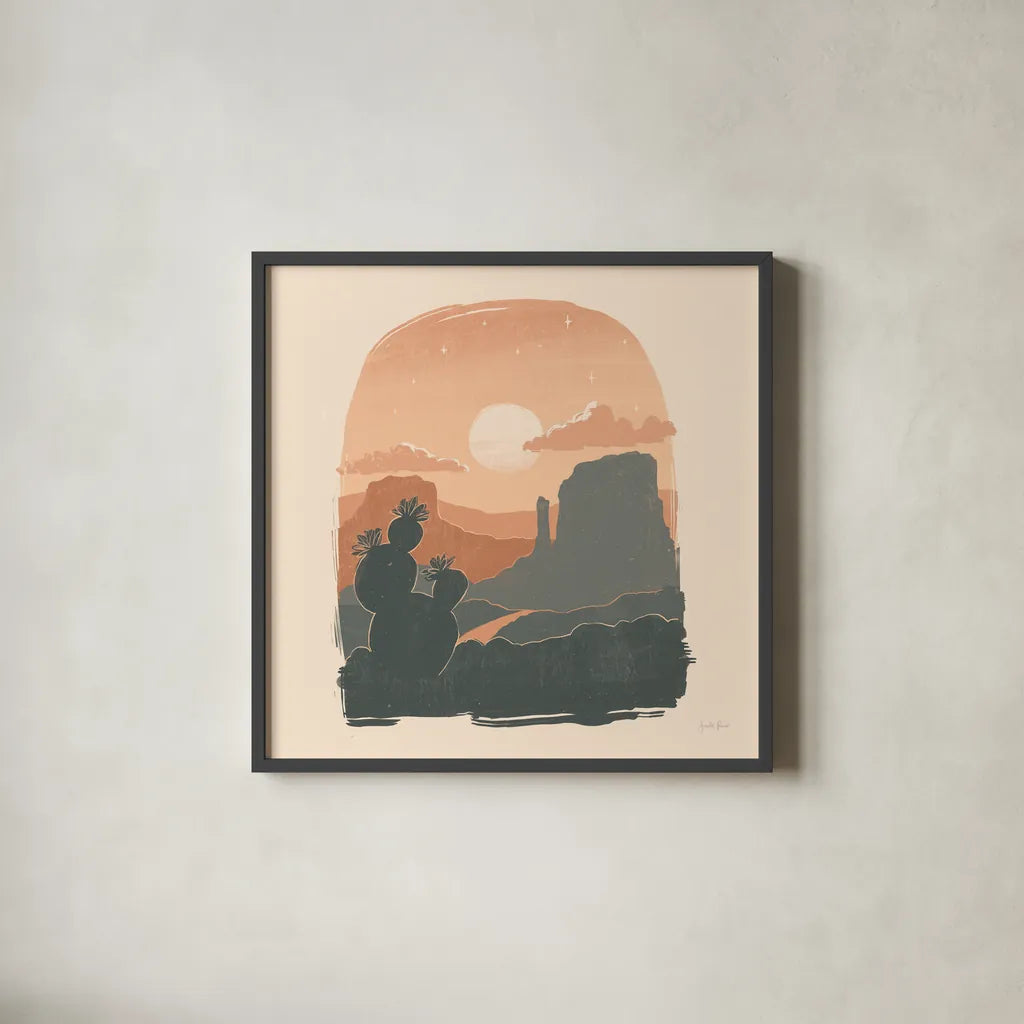 Desert I Sq by Janelle Penner. Shown in a sleek black glass frame for a contemporary gallery look. Available as an archival giclee rolled canvas, fine art paper, or poster print. SKU 80642a.