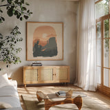 Desert I Sq by Janelle Penner. Shown in a natural wood frame in a cozy modern living room. Available as an archival giclee rolled canvas, fine art paper, or poster print. SKU 80642a.