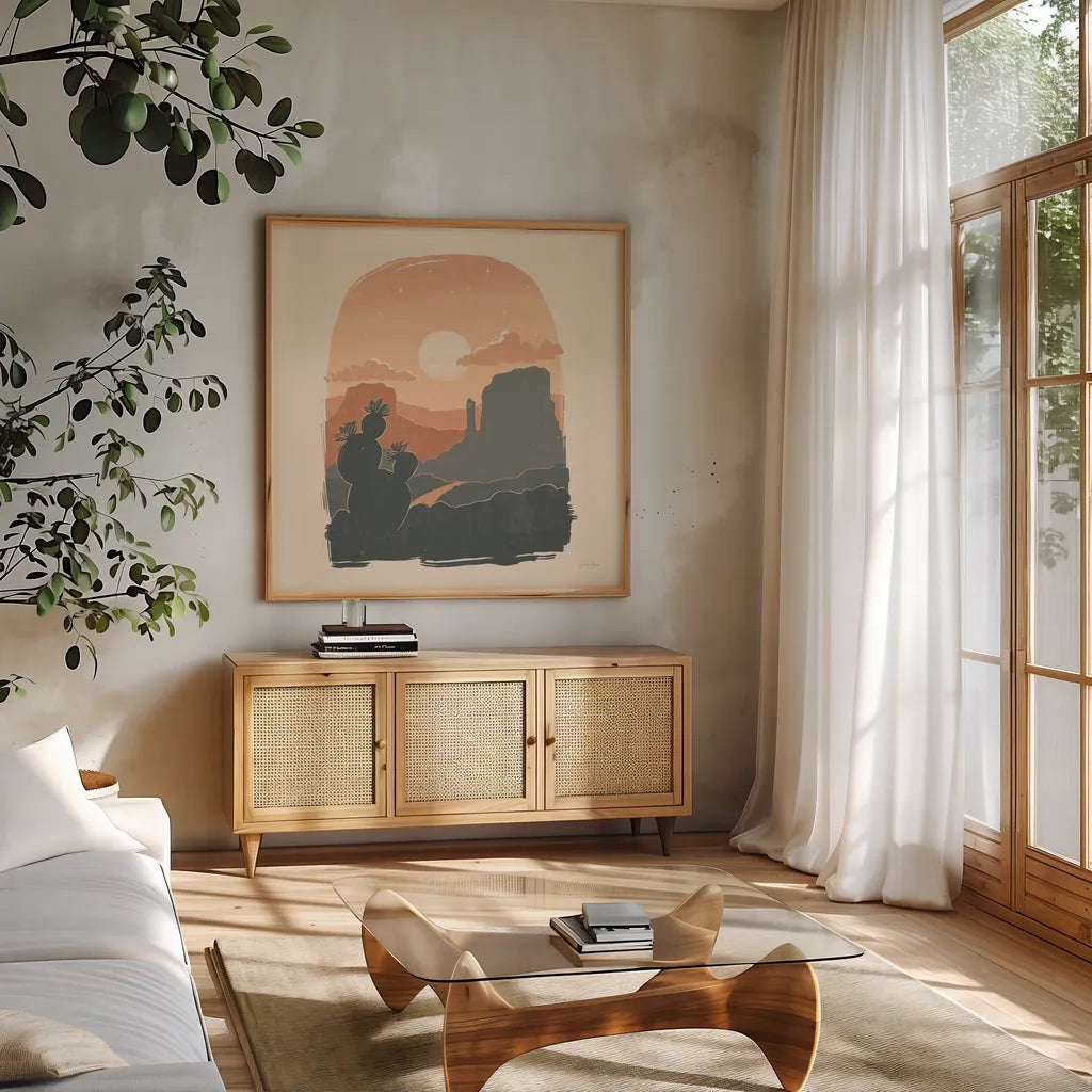 Desert I Sq by Janelle Penner. Shown in a natural wood frame in a cozy modern living room. Available as an archival giclee rolled canvas, fine art paper, or poster print. SKU 80642a.