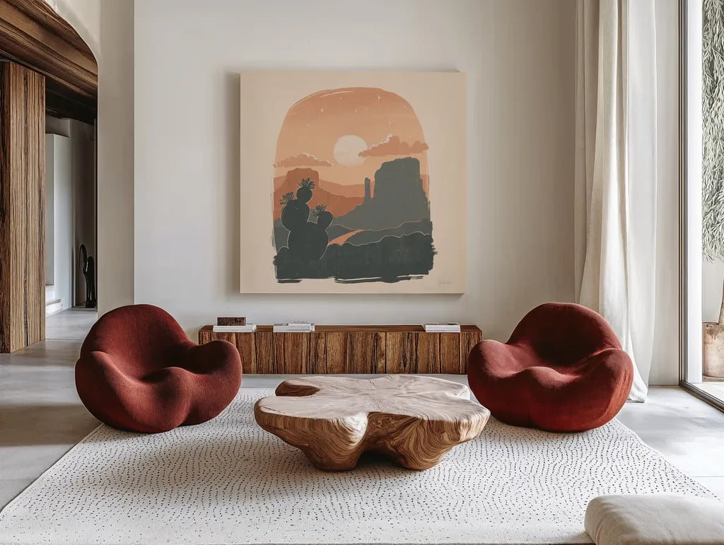 Desert I Sq by Janelle Penner. Shown as extra-large giant wall art in a modern living room. Available as an archival giclee rolled canvas, fine art paper, or poster print. SKU 80642a.