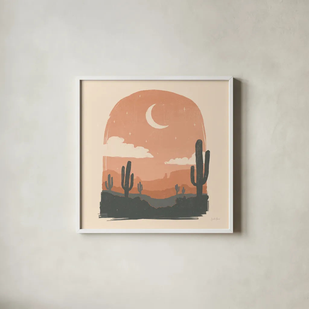 Desert II Sq by Janelle Penner. Shown in a crisp white glass frame for a clean and minimalist style. Available as an archival giclee rolled canvas, fine art paper, or poster print. SKU 80643a.
