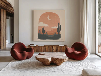 Desert II Sq by Janelle Penner. Shown as extra-large giant wall art in a modern living room. Available as an archival giclee rolled canvas, fine art paper, or poster print. SKU 80643a.