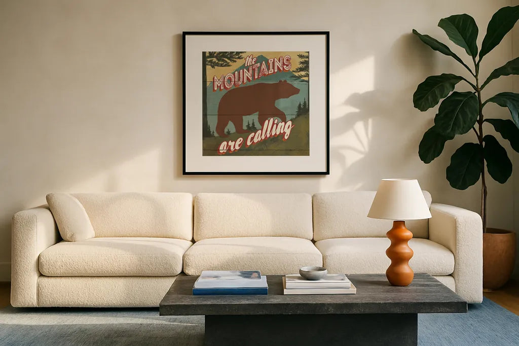 Discover the Wild V by Janelle Penner. Displayed in a glass frame with matte in a clean modern living room. Available as an archival giclee rolled canvas, fine art paper, or poster print. SKU 21361a.