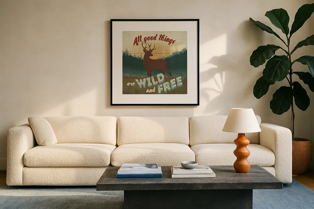 Discover the Wild VI by Janelle Penner. Displayed in a glass frame with matte in a clean modern living room. Available as an archival giclee rolled canvas, fine art paper, or poster print. SKU 21362a.