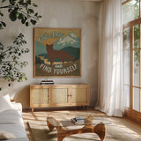 Discover the Wild VII by Janelle Penner. Shown in a natural wood frame in a cozy modern living room. Available as an archival giclee rolled canvas, fine art paper, or poster print. SKU 21363a.