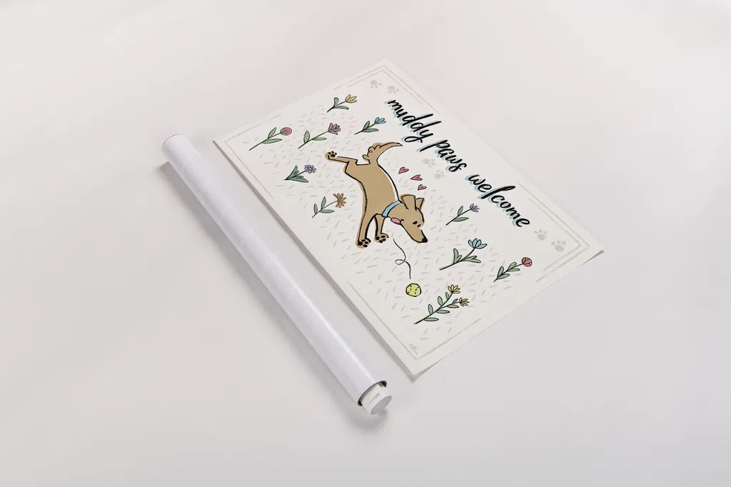 Dogs in the Garden I by Janelle Penner. shown as a rolled paper print. Available as archival giclee rolled canvas, fine art paper, or poster print. SKU 36677i.