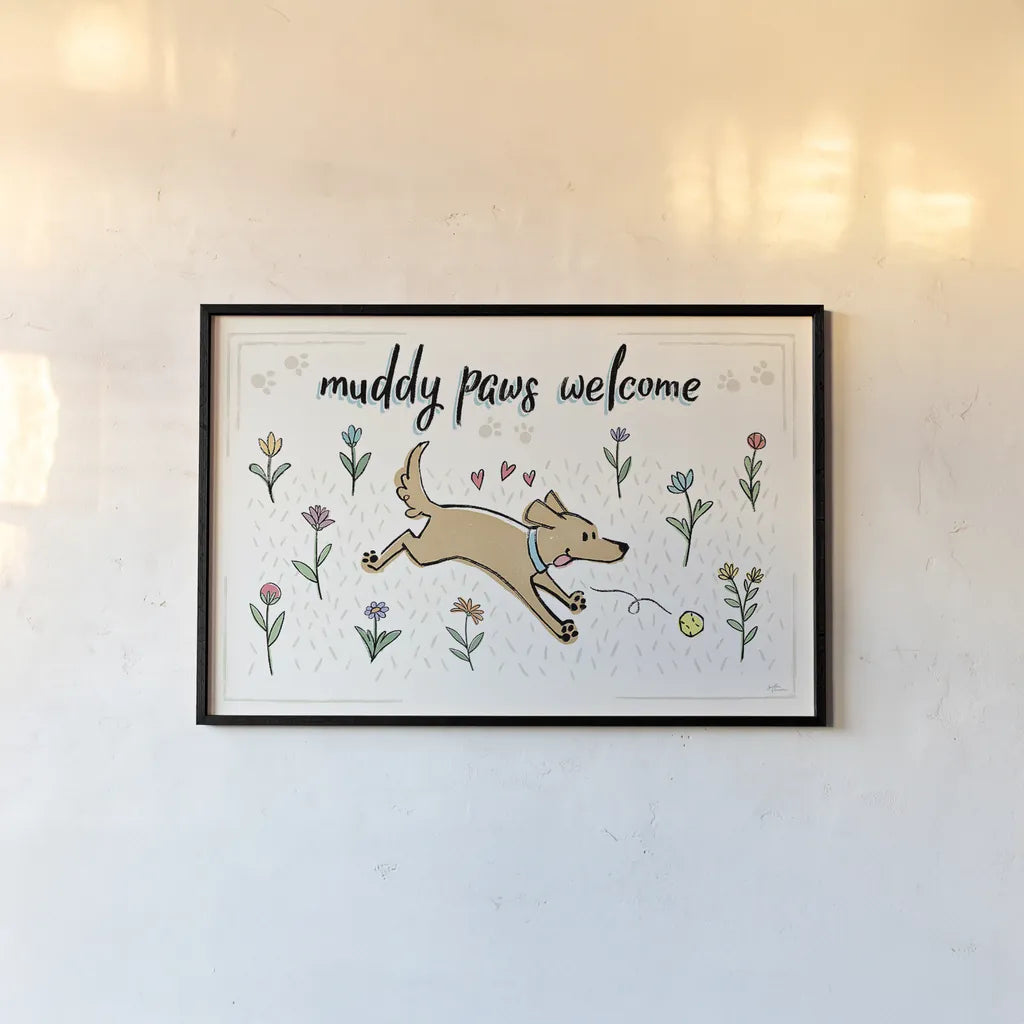 Dogs in the Garden I by Janelle Penner. shown as a paper print in a black flame. Available as a archival giclee rolled canvas, fine art paper, or poster print. SKU 36677i.