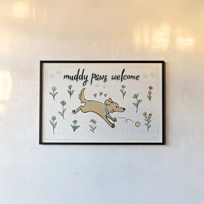 Dogs in the Garden I by Janelle Penner. shown as a paper print in a black flame. Available as a archival giclee rolled canvas, fine art paper, or poster print. SKU 36677i.