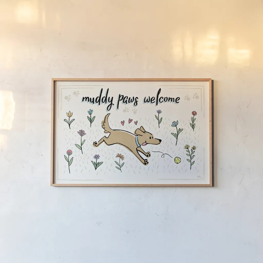 Dogs in the Garden I by Janelle Penner. shown as a paper print in a natural frame. Available as a archival giclee rolled canvas, fine art paper, or poster print. SKU 36677i.