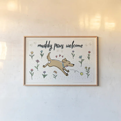 Dogs in the Garden I by Janelle Penner. shown as a paper print in a natural frame. Available as a archival giclee rolled canvas, fine art paper, or poster print. SKU 36677i.