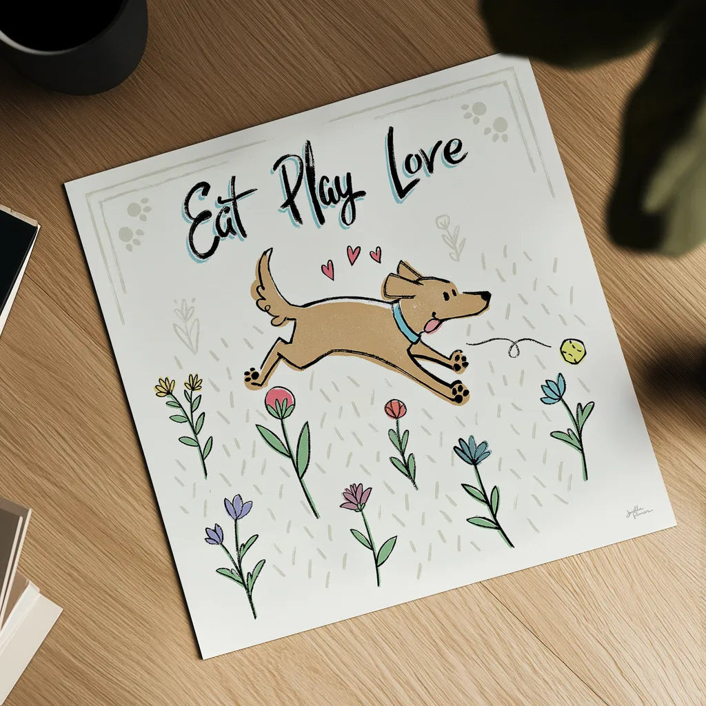 Dogs in the Garden II by Janelle Penner. Shown as a detailed flat fine art print, highlighting archival giclee quality. Available as an archival giclee rolled canvas, fine art paper, or poster print. SKU 36678a.