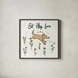 Dogs in the Garden II by Janelle Penner. Shown in a sleek black glass frame for a contemporary gallery look. Available as an archival giclee rolled canvas, fine art paper, or poster print. SKU 36678a.