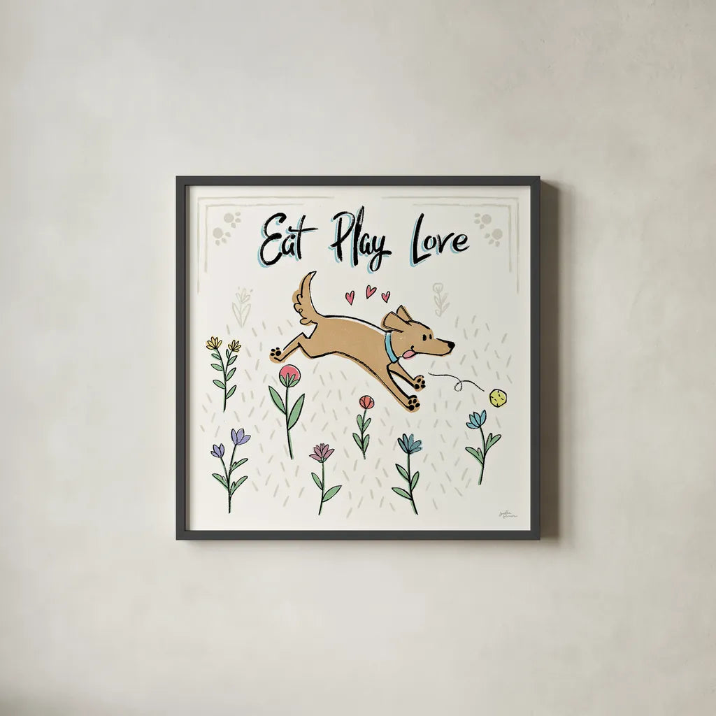 Dogs in the Garden II by Janelle Penner. Shown in a sleek black glass frame for a contemporary gallery look. Available as an archival giclee rolled canvas, fine art paper, or poster print. SKU 36678a.