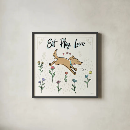 Dogs in the Garden II by Janelle Penner. Shown in a sleek black glass frame for a contemporary gallery look. Available as an archival giclee rolled canvas, fine art paper, or poster print. SKU 36678a.