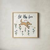 Dogs in the Garden II by Janelle Penner. Shown in a natural wood glass frame for a timeless modern aesthetic. Available as an archival giclee rolled canvas, fine art paper, or poster print. SKU 36678a.