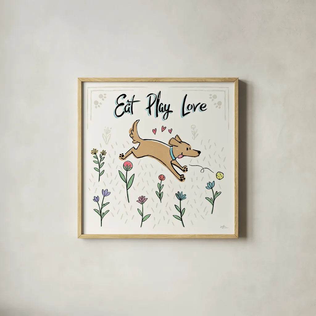 Dogs in the Garden II by Janelle Penner. Shown in a natural wood glass frame for a timeless modern aesthetic. Available as an archival giclee rolled canvas, fine art paper, or poster print. SKU 36678a.