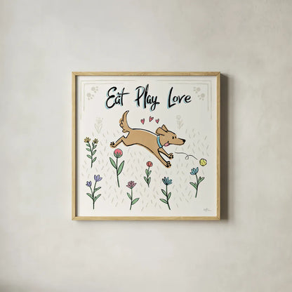 Dogs in the Garden II by Janelle Penner. Shown in a natural wood glass frame for a timeless modern aesthetic. Available as an archival giclee rolled canvas, fine art paper, or poster print. SKU 36678a.