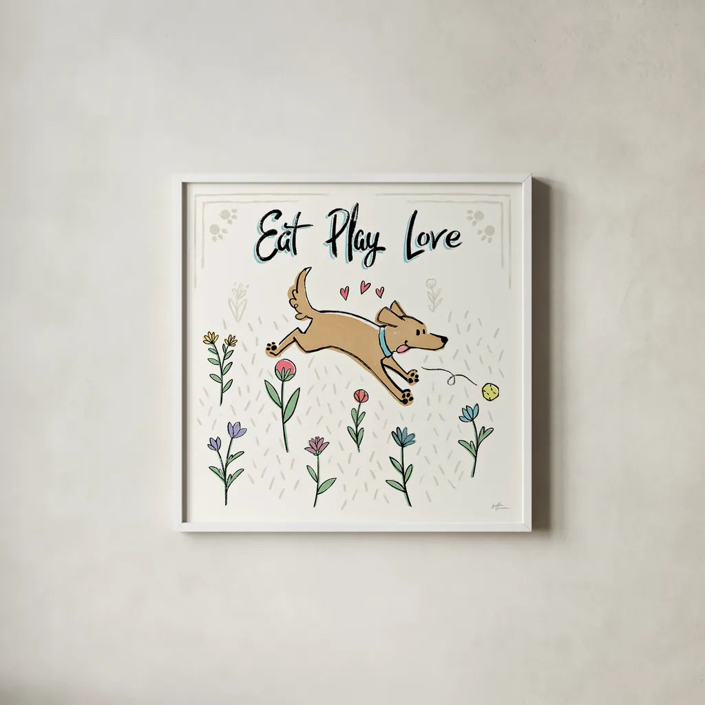 Dogs in the Garden II by Janelle Penner. Shown in a crisp white glass frame for a clean and minimalist style. Available as an archival giclee rolled canvas, fine art paper, or poster print. SKU 36678a.