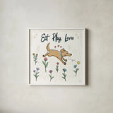 Dogs in the Garden II by Janelle Penner. Shown in a crisp white glass frame for a clean and minimalist style. Available as an archival giclee rolled canvas, fine art paper, or poster print. SKU 36678a.