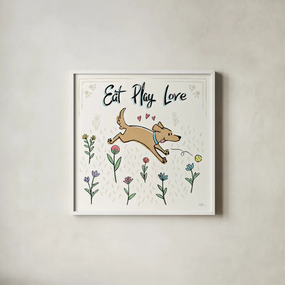 Dogs in the Garden II by Janelle Penner. Shown in a crisp white glass frame for a clean and minimalist style. Available as an archival giclee rolled canvas, fine art paper, or poster print. SKU 36678a.