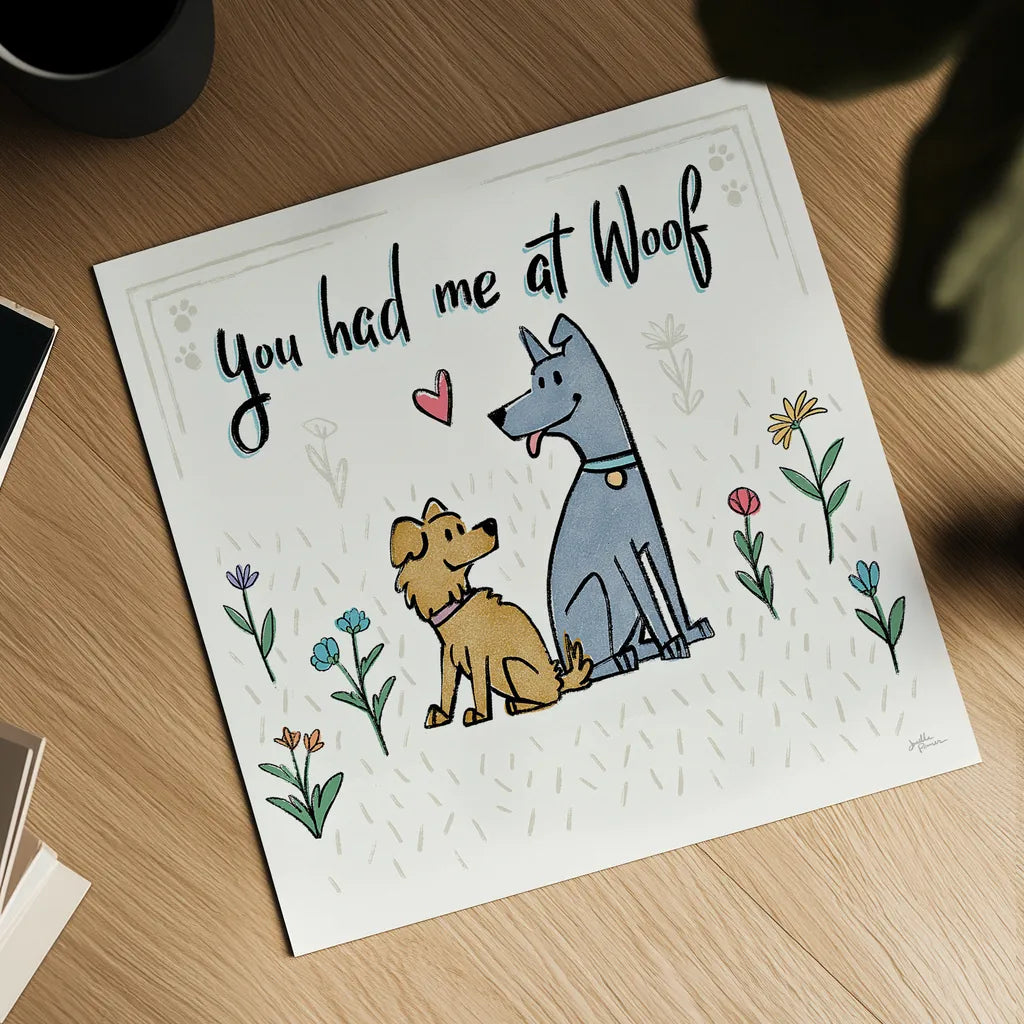 Dogs in the Garden III by Janelle Penner. Shown as a detailed flat fine art print, highlighting archival giclee quality. Available as an archival giclee rolled canvas, fine art paper, or poster print. SKU 36679a.