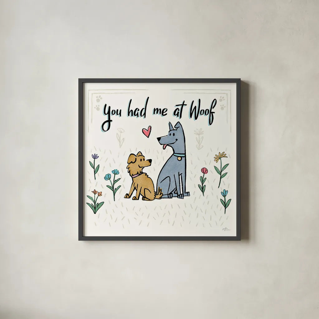 Dogs in the Garden III by Janelle Penner. Shown in a sleek black glass frame for a contemporary gallery look. Available as an archival giclee rolled canvas, fine art paper, or poster print. SKU 36679a.