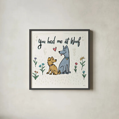 Dogs in the Garden III by Janelle Penner. Shown in a sleek black glass frame for a contemporary gallery look. Available as an archival giclee rolled canvas, fine art paper, or poster print. SKU 36679a.