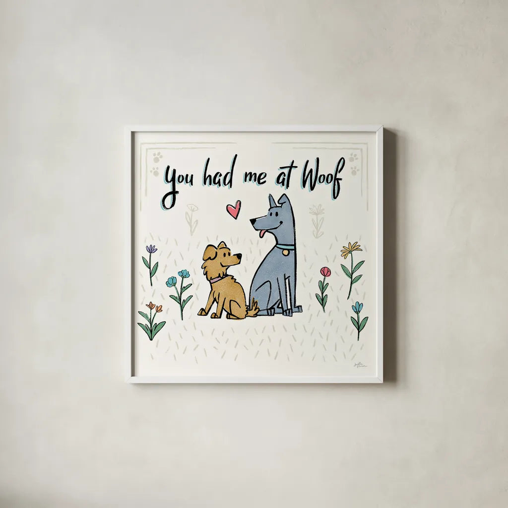Dogs in the Garden III by Janelle Penner. Shown in a crisp white glass frame for a clean and minimalist style. Available as an archival giclee rolled canvas, fine art paper, or poster print. SKU 36679a.