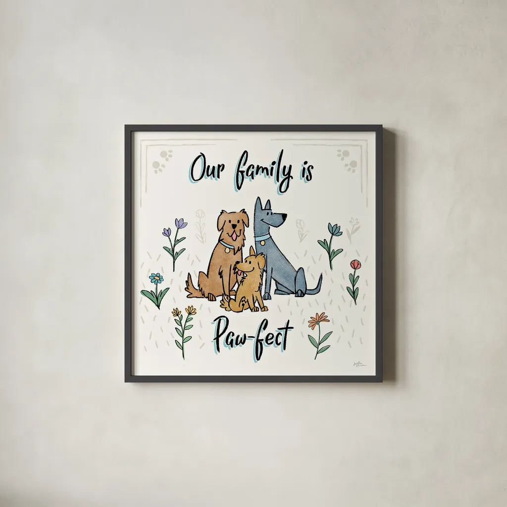 Dogs in the Garden IV by Janelle Penner. Shown in a sleek black glass frame for a contemporary gallery look. Available as an archival giclee rolled canvas, fine art paper, or poster print. SKU 36680a.