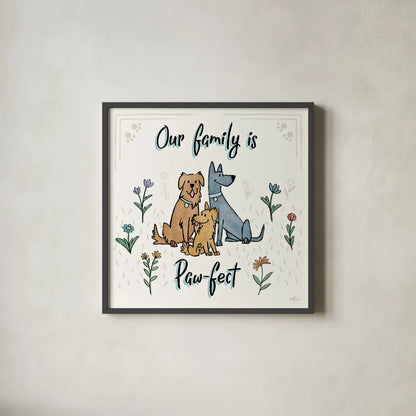 Dogs in the Garden IV by Janelle Penner. Shown in a sleek black glass frame for a contemporary gallery look. Available as an archival giclee rolled canvas, fine art paper, or poster print. SKU 36680a.