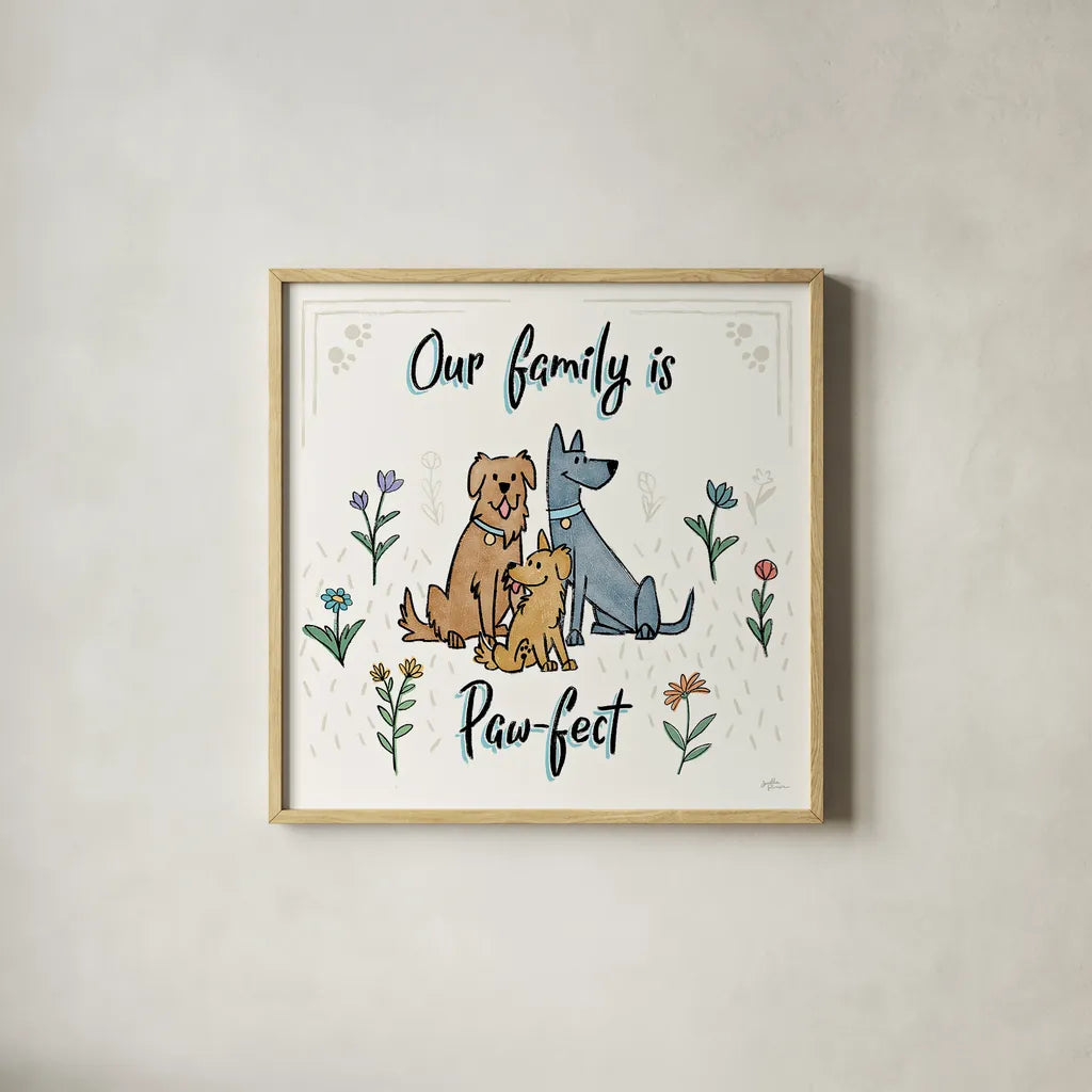 Dogs in the Garden IV by Janelle Penner. Shown in a natural wood glass frame for a timeless modern aesthetic. Available as an archival giclee rolled canvas, fine art paper, or poster print. SKU 36680a.