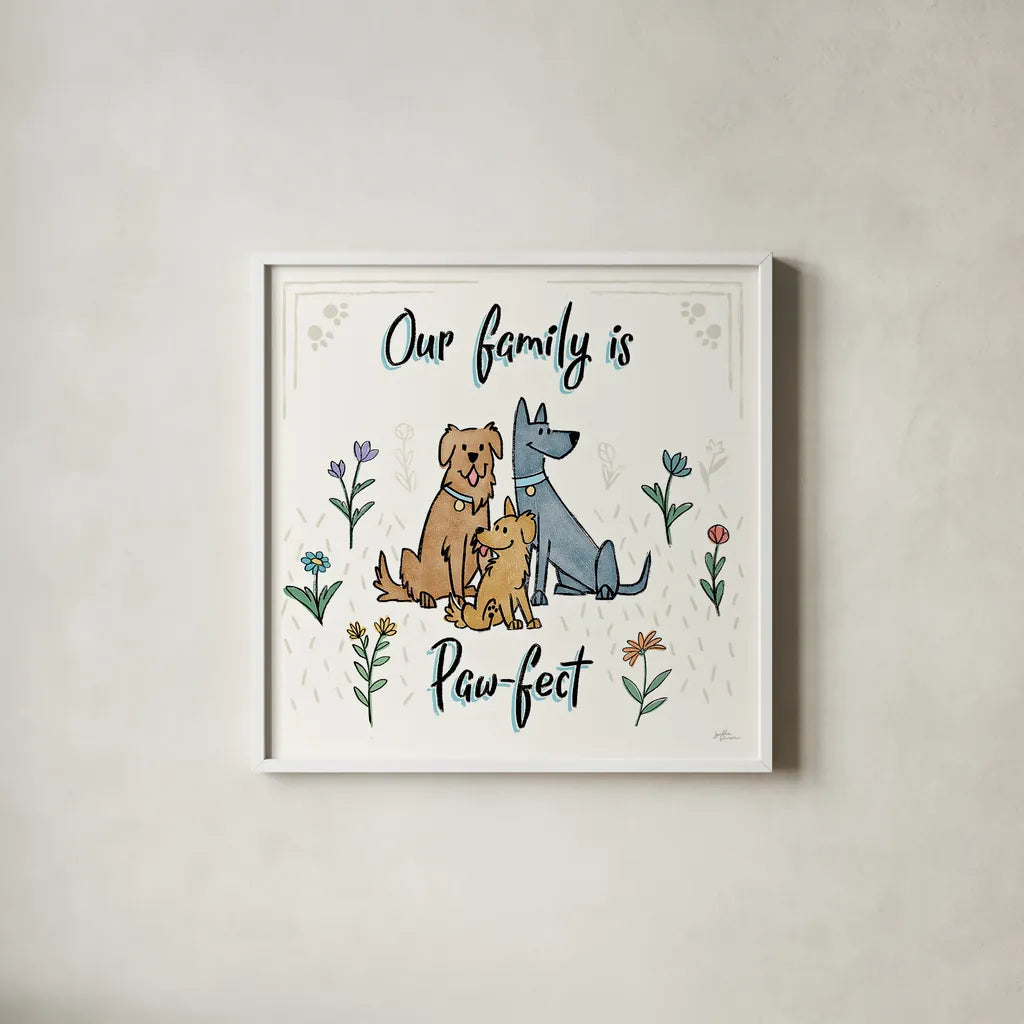 Dogs in the Garden IV by Janelle Penner. Shown in a crisp white glass frame for a clean and minimalist style. Available as an archival giclee rolled canvas, fine art paper, or poster print. SKU 36680a.