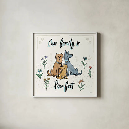 Dogs in the Garden IV by Janelle Penner. Shown in a crisp white glass frame for a clean and minimalist style. Available as an archival giclee rolled canvas, fine art paper, or poster print. SKU 36680a.