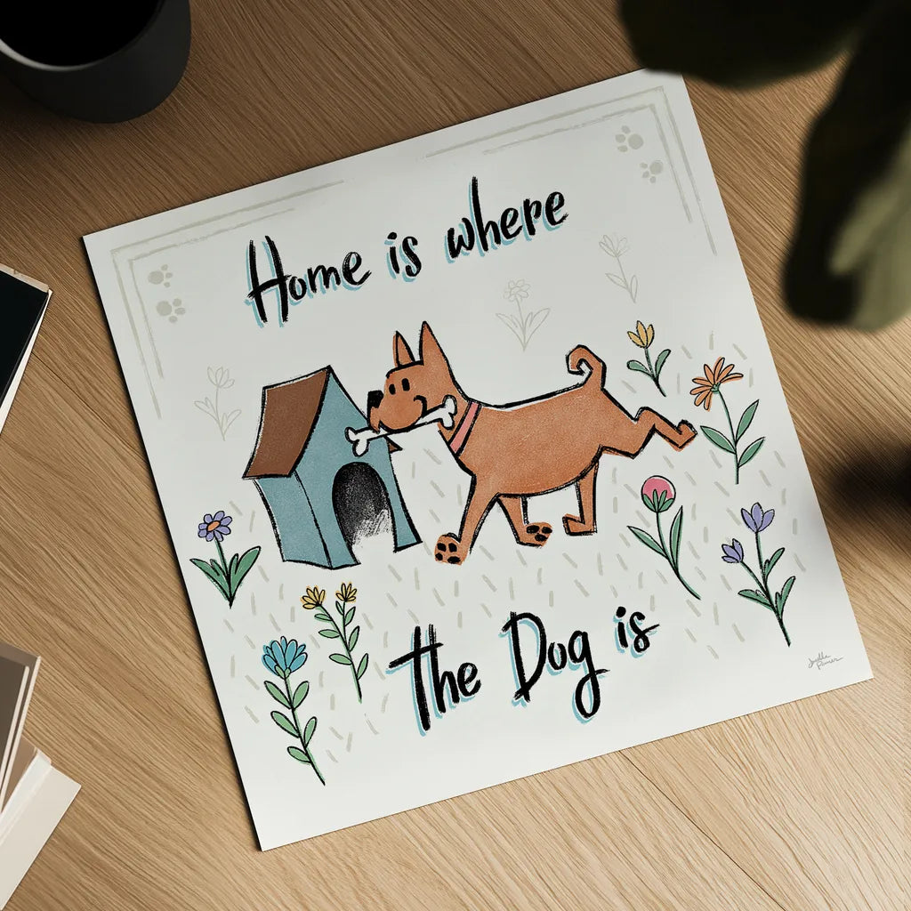 Dogs in the Garden V by Janelle Penner. Shown as a detailed flat fine art print, highlighting archival giclee quality. Available as an archival giclee rolled canvas, fine art paper, or poster print. SKU 36681a.