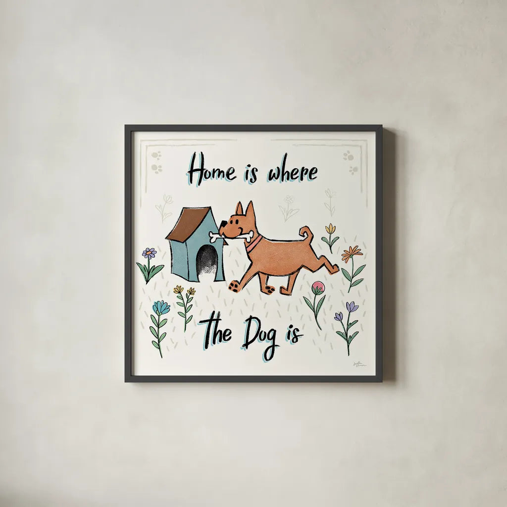 Dogs in the Garden V by Janelle Penner. Shown in a sleek black glass frame for a contemporary gallery look. Available as an archival giclee rolled canvas, fine art paper, or poster print. SKU 36681a.