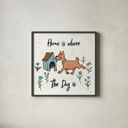 Dogs in the Garden V by Janelle Penner. Shown in a sleek black glass frame for a contemporary gallery look. Available as an archival giclee rolled canvas, fine art paper, or poster print. SKU 36681a.