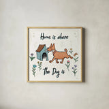 Dogs in the Garden V by Janelle Penner. Shown in a natural wood glass frame for a timeless modern aesthetic. Available as an archival giclee rolled canvas, fine art paper, or poster print. SKU 36681a.
