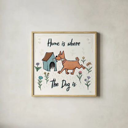 Dogs in the Garden V by Janelle Penner. Shown in a natural wood glass frame for a timeless modern aesthetic. Available as an archival giclee rolled canvas, fine art paper, or poster print. SKU 36681a.