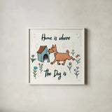 Dogs in the Garden V by Janelle Penner. Shown in a crisp white glass frame for a clean and minimalist style. Available as an archival giclee rolled canvas, fine art paper, or poster print. SKU 36681a.