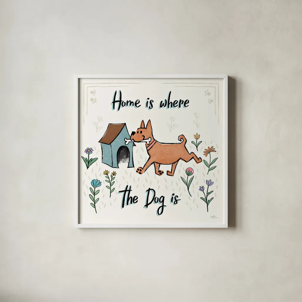 Dogs in the Garden V by Janelle Penner. Shown in a crisp white glass frame for a clean and minimalist style. Available as an archival giclee rolled canvas, fine art paper, or poster print. SKU 36681a.