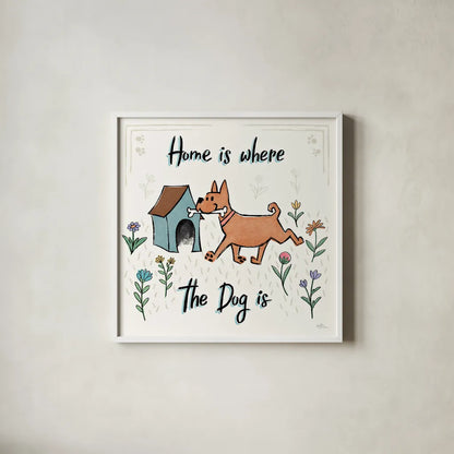 Dogs in the Garden V by Janelle Penner. Shown in a crisp white glass frame for a clean and minimalist style. Available as an archival giclee rolled canvas, fine art paper, or poster print. SKU 36681a.