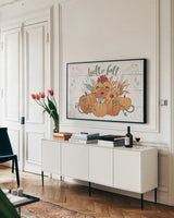 Fall Fun I by Janelle Penner. shown as a framed stretched canvas in a living room above a console. Available as a archival giclee rolled canvas, fine art paper, or poster print. SKU 34878i.