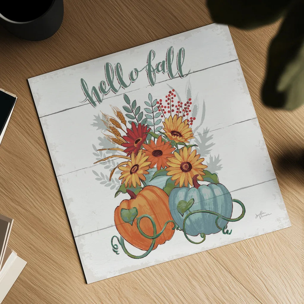 Fall Fun II - Gray and Blue Pumpkin by Janelle Penner. Shown as a detailed flat fine art print, highlighting archival giclee quality. Available as an archival giclee rolled canvas, fine art paper, or poster print. SKU 35666a.