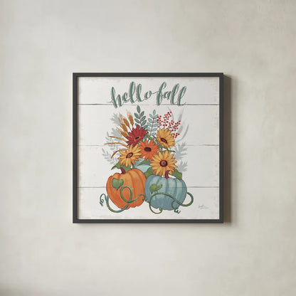 Fall Fun II - Gray and Blue Pumpkin by Janelle Penner. Shown in a sleek black glass frame for a contemporary gallery look. Available as an archival giclee rolled canvas, fine art paper, or poster print. SKU 35666a.